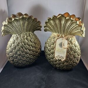 2 Artisan Pineapple Gold Color Metal Vase